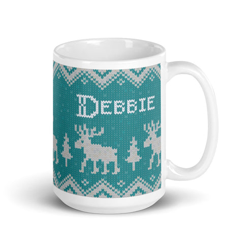 Scandinavian Moose Mug, Knitting Name Mug, Christmas Sweater Mug
